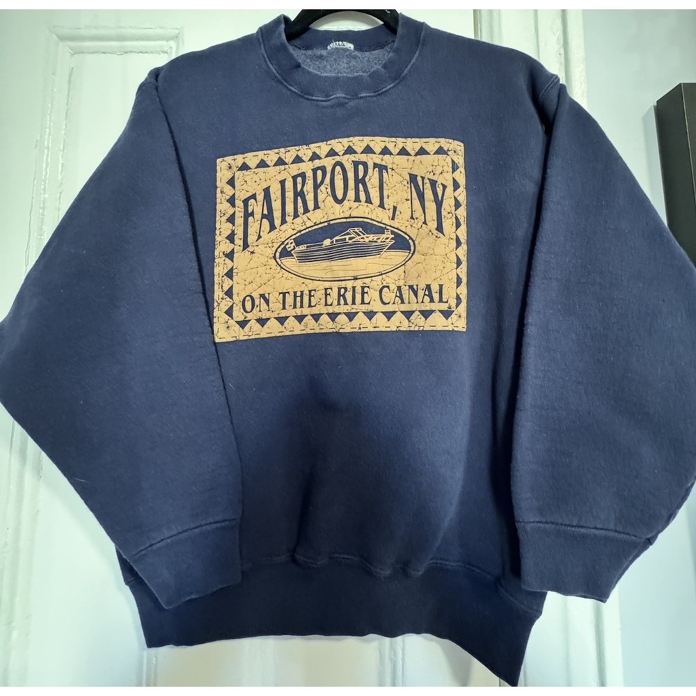 Vintage Women's Sweatshirt Navy Fairport, NY Erie Canal Faded Distressed